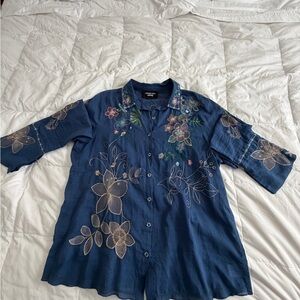 Johnny Was Blue Floral Embroidered Blouse